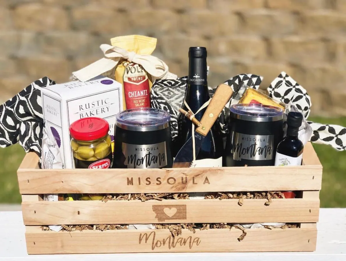 Charcuterie Crate: Locally made wood crate, custom engraved tumblers