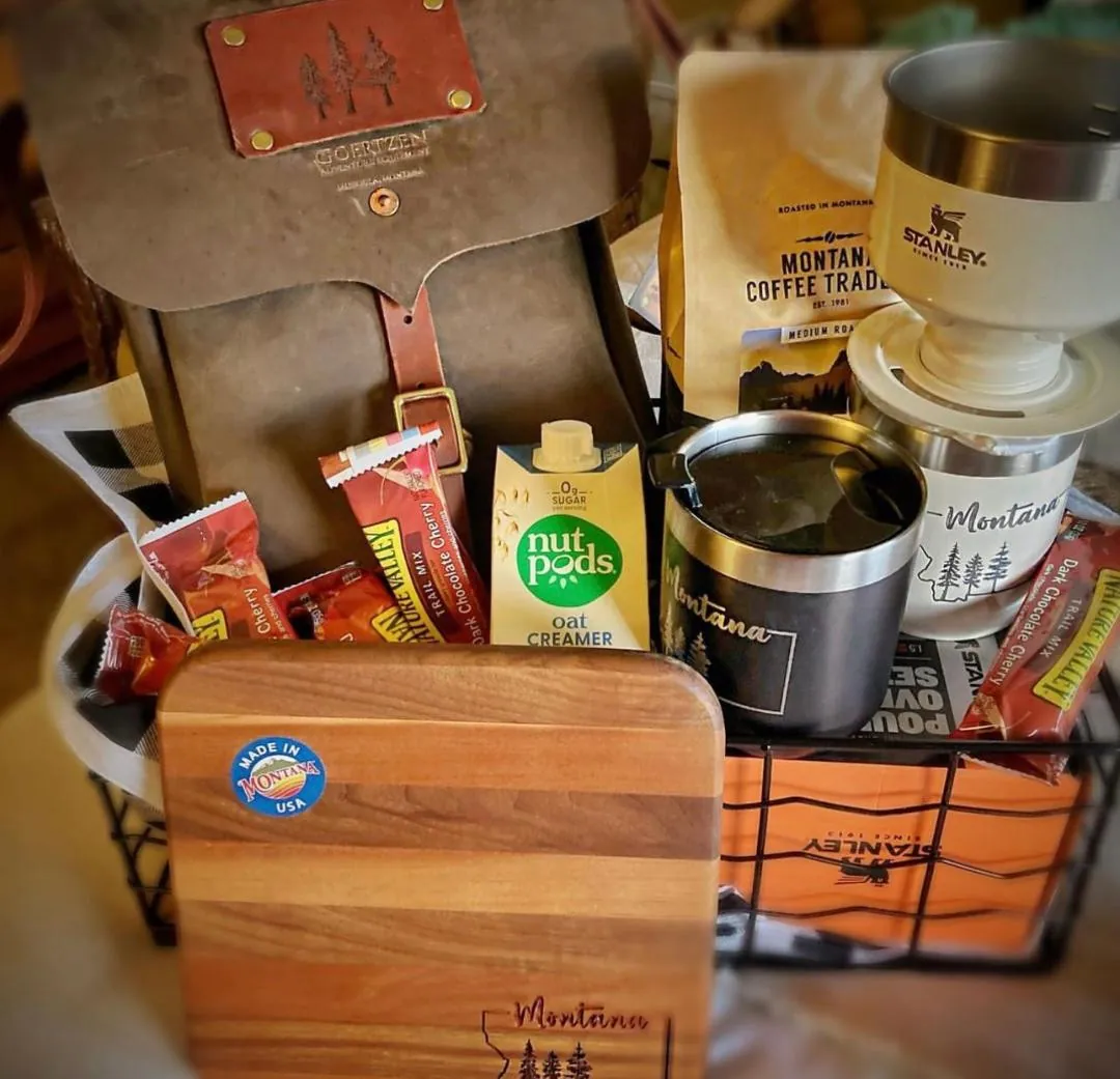 Custom engraved Goertzen Adventure bag, Locally made cheese board, Stanley Camp set