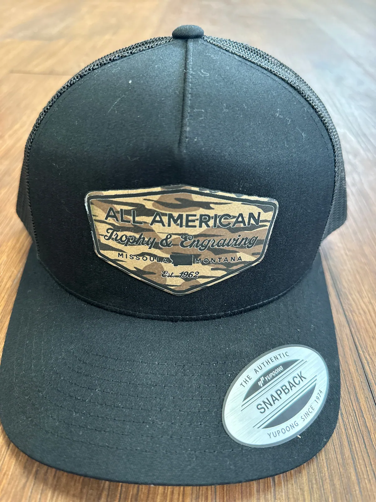 Hat Patch, Camo leather with black text