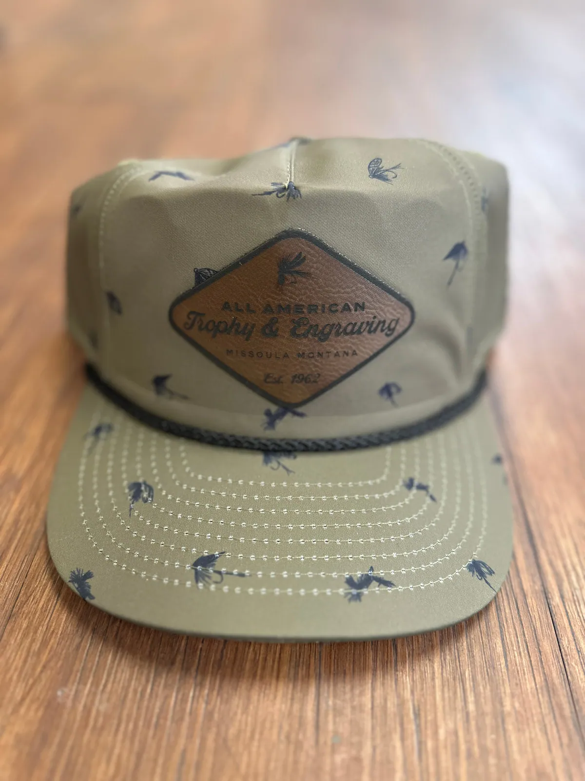 Hat Patch, White Leather with gold text: Brown leather patch with black text