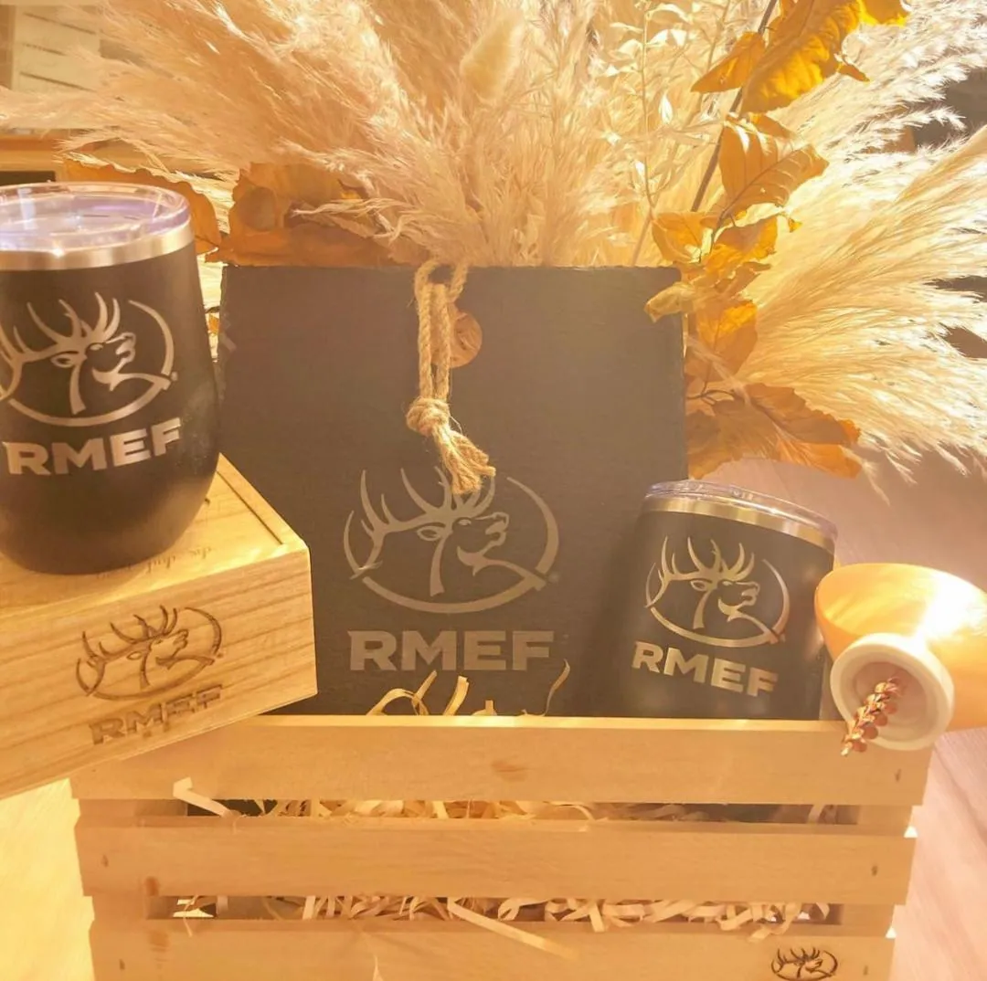 RMEF locally made crate gift box. Slate cheese board + matching tumblers and Corkzy wine opener