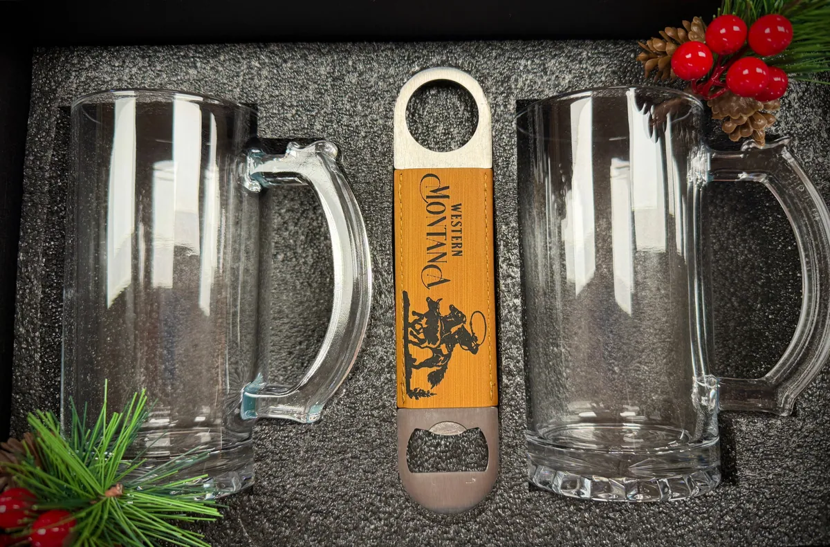 Glass Beer Mug Set + Opener: Personalized with custom text