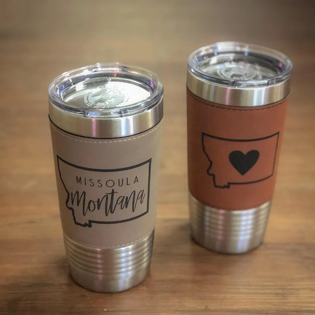 Missoula Montana engraved leather tumblers